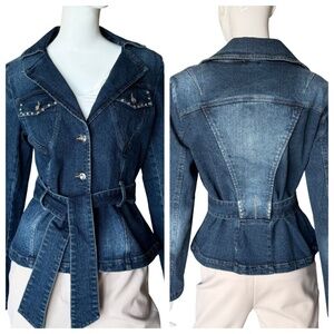Cache Belted Denim Peplum Jacket Size 10